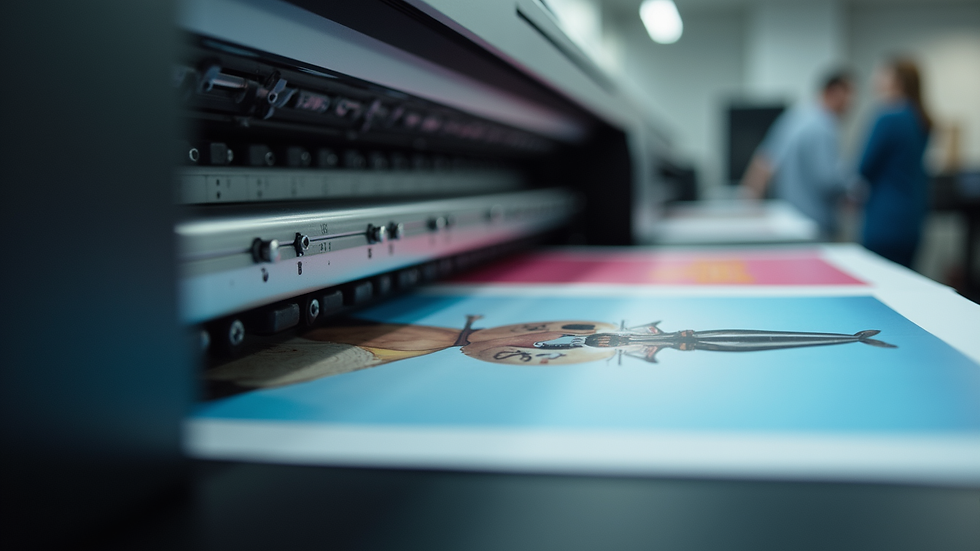 Close-up view of a professional printer producing vibrant CMYK prints