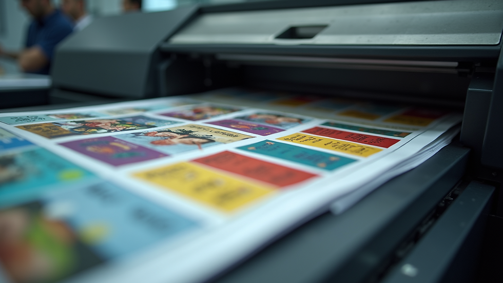 High angle view of a printing press producing colorful marketing brochures