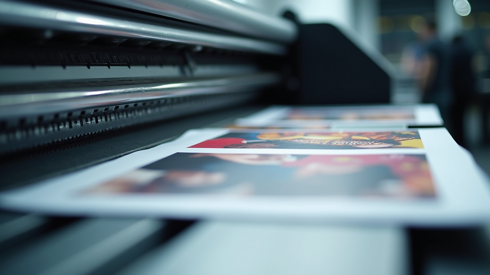 Eye-level view of a printing press producing vibrant marketing materials