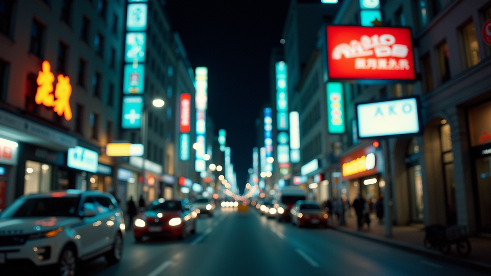Wide angle view of a busy street with multiple illuminated signage boards at night