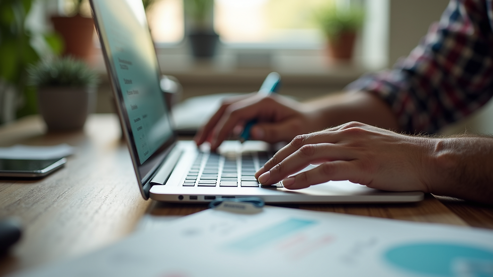 Close-up view of a designer working on a marketing flyer on a laptop