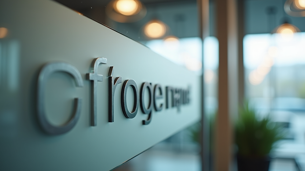 Close-up view of a custom acrylic office sign with company logo