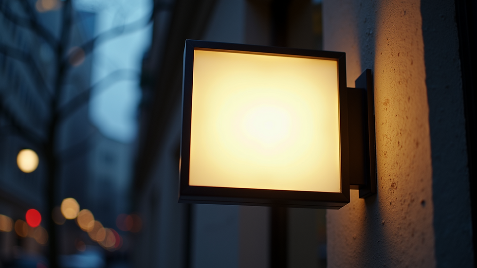 High angle view of a backlight sign board glowing softly on a building facade