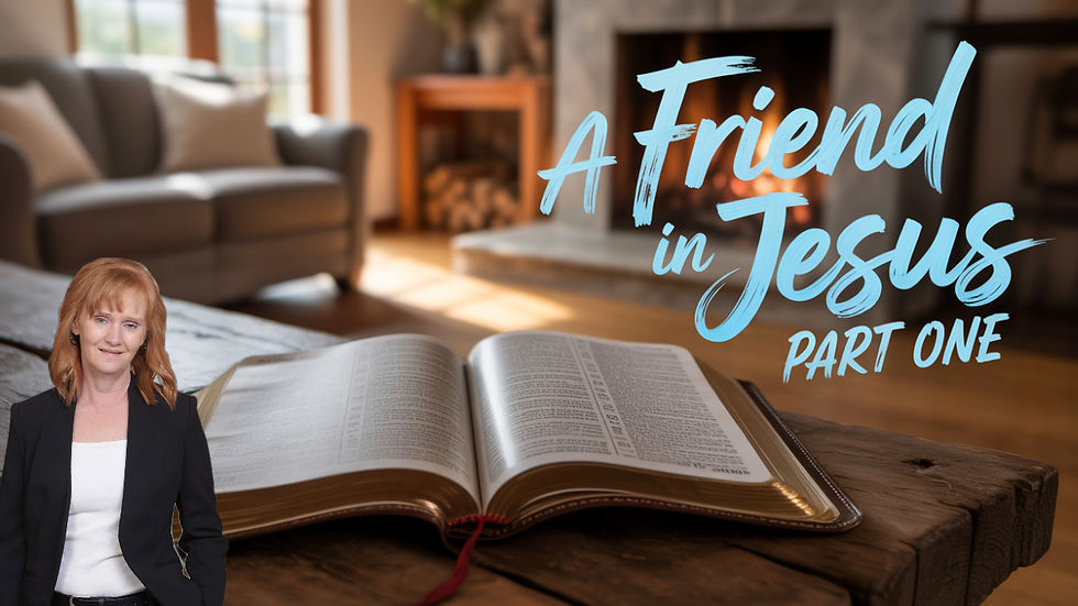 An open Bible on a table, text reading "A Friend in Jesus Part One," a woman in a suit smiles. Cozy living room with a lit fireplace.