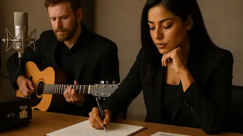 Two musicians writing their artist statements in a cozy, well-lit workspace, surrounded by sheet music, a guitar, and a microphone.