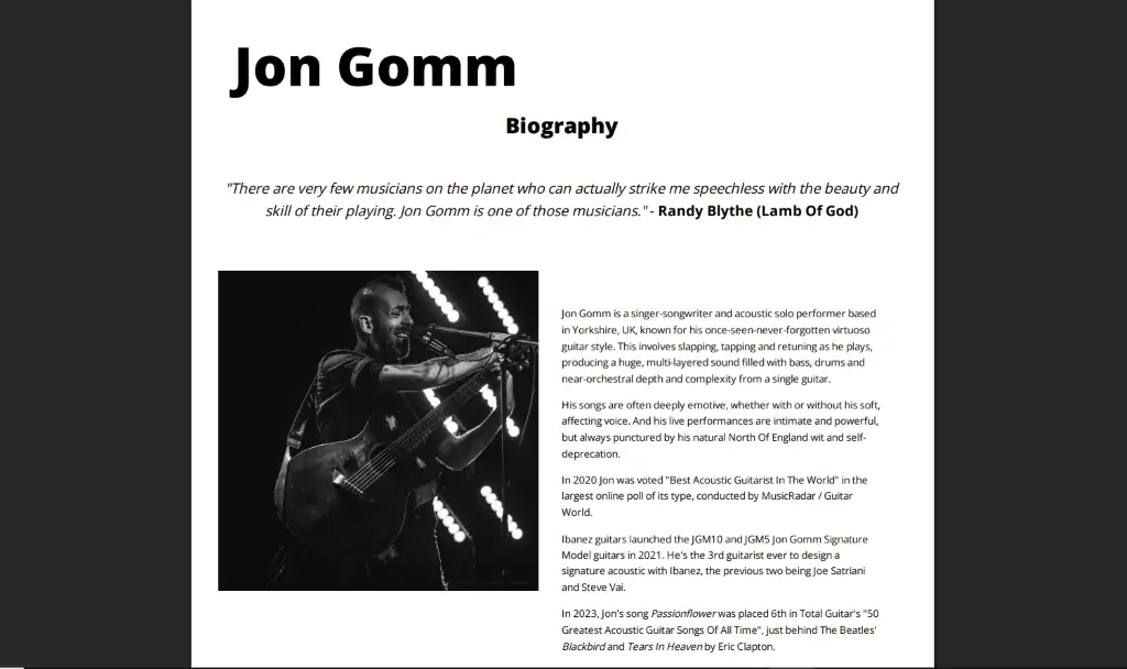 Jon Gomm performing live with acoustic guitar, featured in his EPK biography section to showcase performance energy and stage presence for promoters and media.
