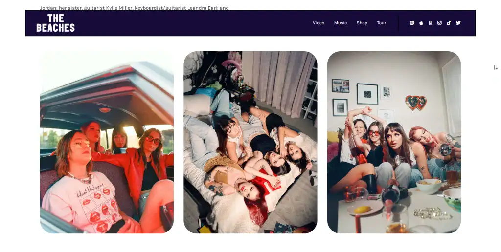 Promotional band photos of The Beaches featured in their EPK, showcasing group personality and branding through lifestyle and performance visuals for press and industry use.