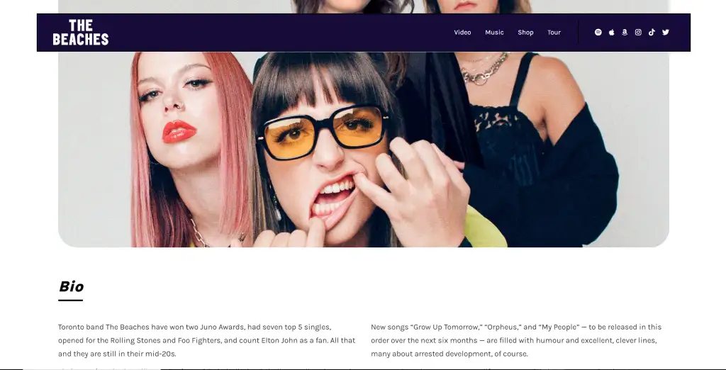 Close-up promotional photo of The Beaches, featured in their EPK bio section to highlight band identity, attitude, and visual branding for press and industry professionals.