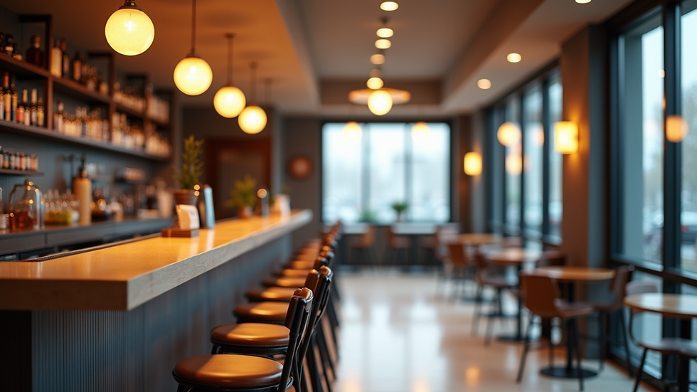 eye-level view of modern bar counter with stools