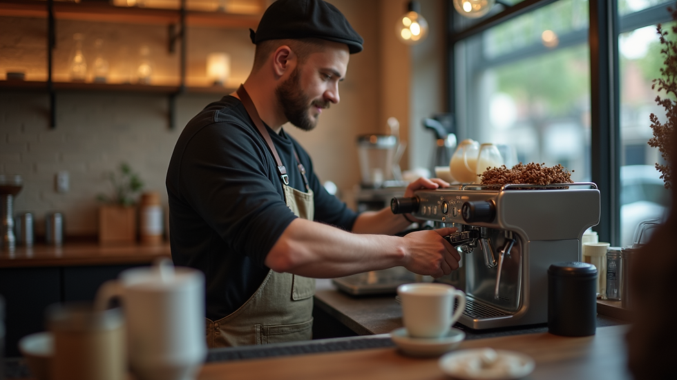 close-up view of barista preparing coffee at cafe bar counter