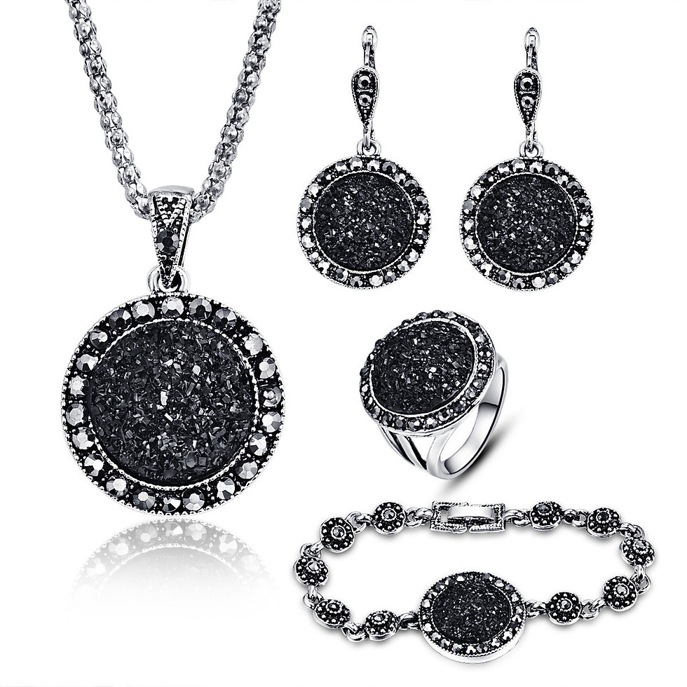 Thumbnail: Black Round Stone Resin Jewelry Set: Necklace, Bracelet, Earrings, Ring