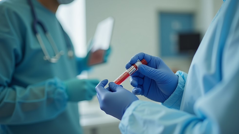 Close-up view of a healthcare professional preparing a blood sample kit at home