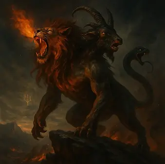 Aslan başlı, keçi gövdeli ve yılan kuyruklu Kimera, Bellerofontis tarafından Pegasus’la yenilen alev püskürten canavar.