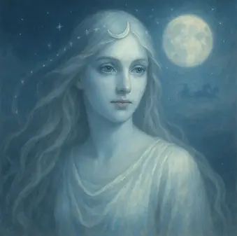 Gece göğünü gümüş ışığıyla dolaşan ay tanrıçası Selene, göksel at arabasının sürücüsü.