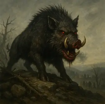 Theseus’un öldürdüğü Kromyon Yaban Domuzu, Korinthia kırsalını kasıp kavuran vahşi dev yaratık.