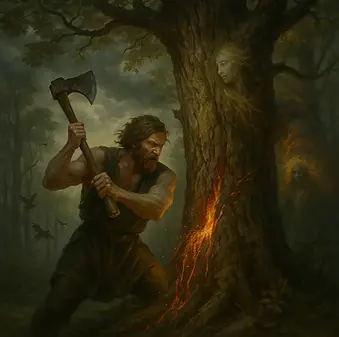 Erysikhthon’un kutsal koruyu keserken Demeter’in karşısına çıkışı ve tanrıçanın ona doymak bilmez açlık lanetini yönelttiği çarpıcı sahne.