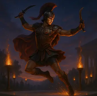 Yunan mitolojisinde savaşçıların ritüel dansı olan pyrrhikhe’nin tanrısı Pyrrhikhos.