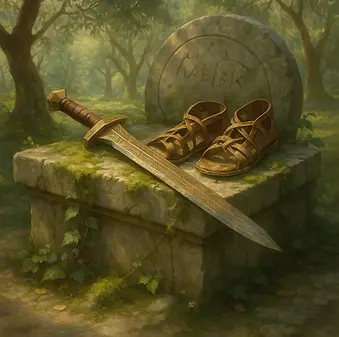 Yunan mitolojisinde Theseus’un kimliğini kanıtlayan kutsal kılıcı ve kahramanlığa adım attığı sandaletleri.