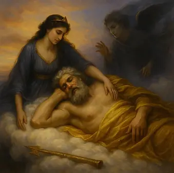 Hera’nın gizlice Zeus’u uyuttuğu, tanrıların kaderini değiştiren sessiz ve tehlikeli hile anı.