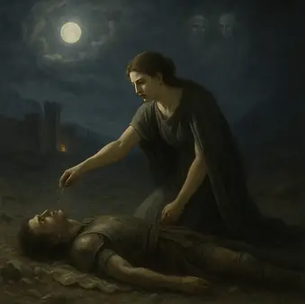 Antigone’nin Kreon’un yasağına rağmen kardeşini toprağa verirken kararlılık ve trajediyle yüzleştiği direniş sahnesi.