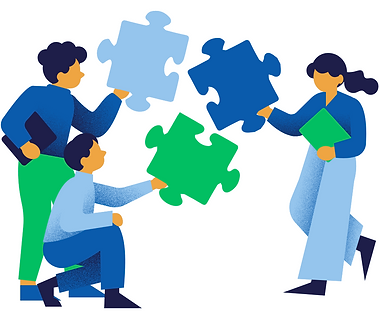 Collaboration graphic showing people assembling pieces of a puzzle