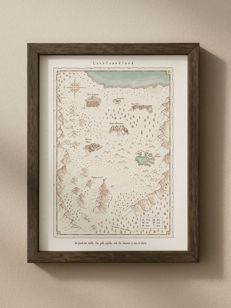 Mockup of Custom love map wall art print in wooden frame by Aeluna, personalized couple illustration