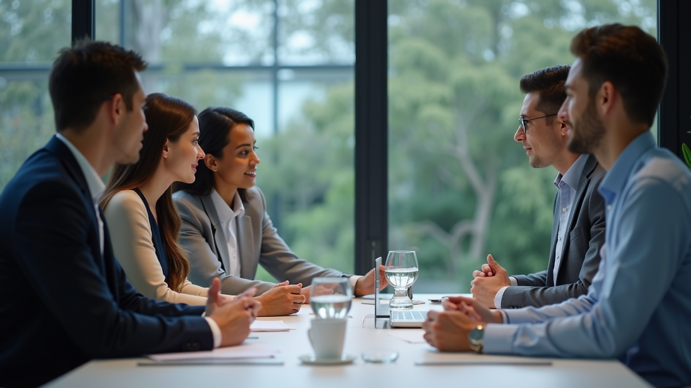 Close-up view of a business team discussing automation strategy around a conference table
