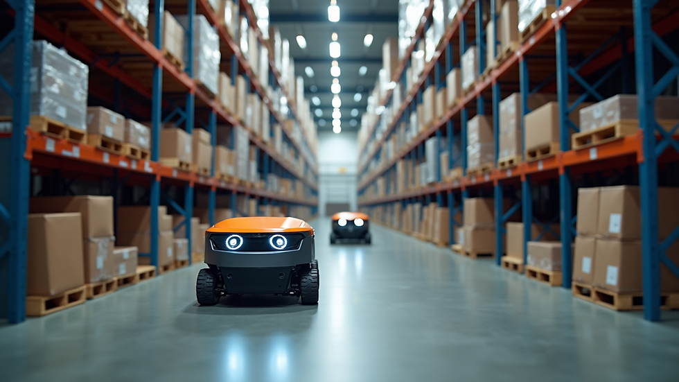 High angle view of a warehouse with automated guided vehicles moving inventory