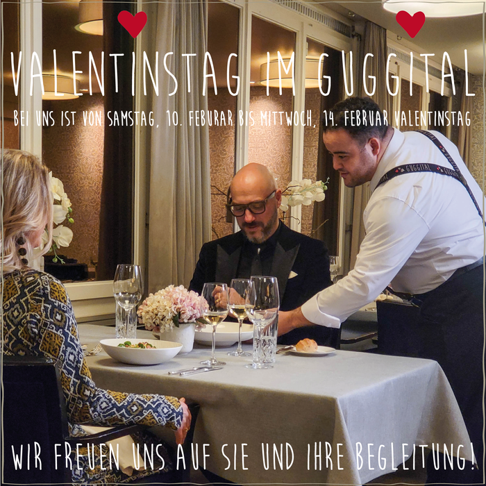 Titelbild Valentinstag im Guggital, Gäste werden am Tisch bedient, Hotel Restaurant Guggital, Zug