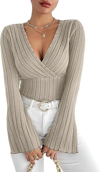 Khaki ribbed wrap-front top showing V-neckline and flared sleeves