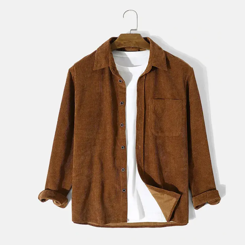 Brown relaxed corduroy button-up shirt, front view; styling tee not included