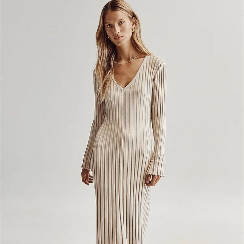 Khaki ribbed long-sleeve dress on model