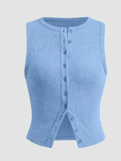 Blue knit vest showing neckline and button details