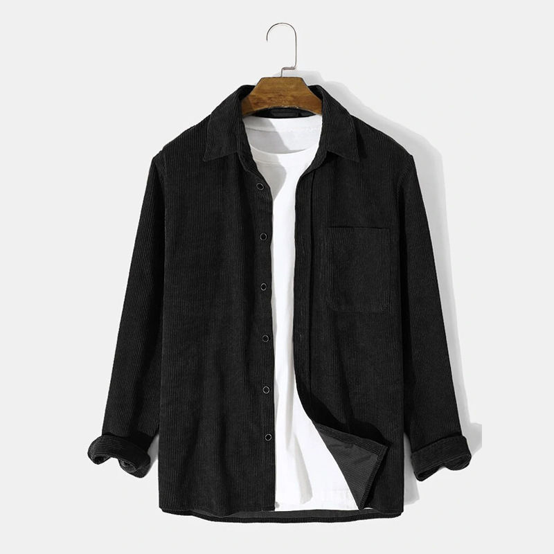 Black relaxed corduroy button-up shirt, front view; styling tee not included