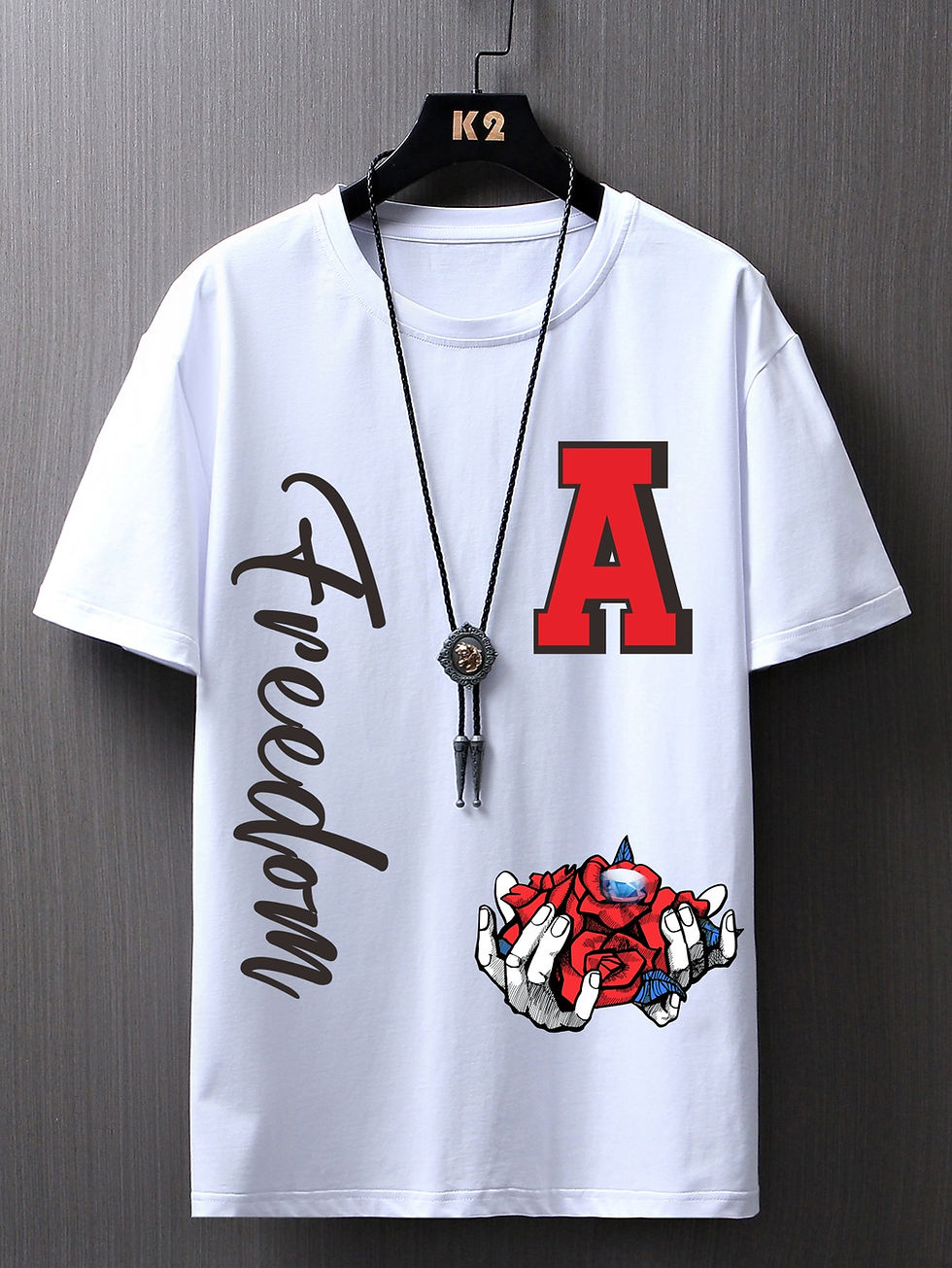Roses & Diamonds graphic tee with Freedom text and red letter A