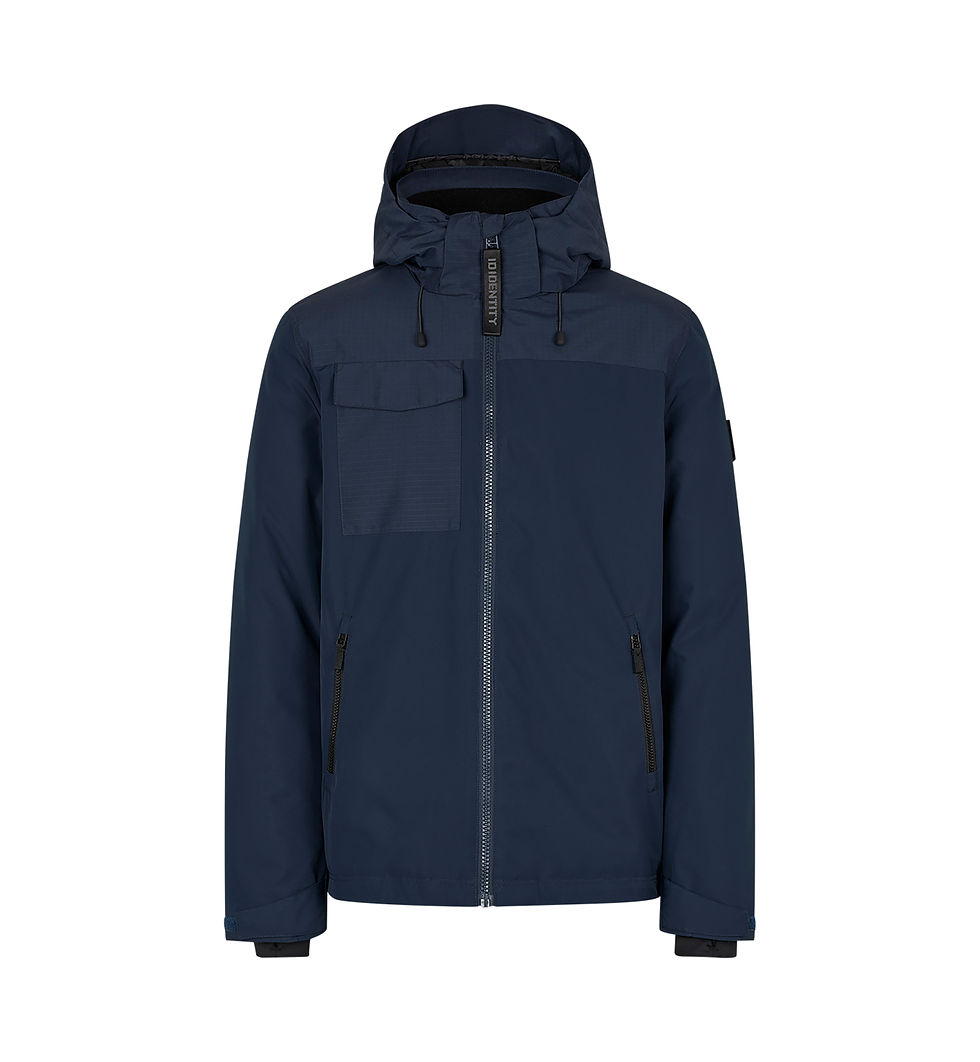 Miniaturebillede: ID Identity Hooded vinterjakke i navy set forfra med hætte og gennemgående lynlås.