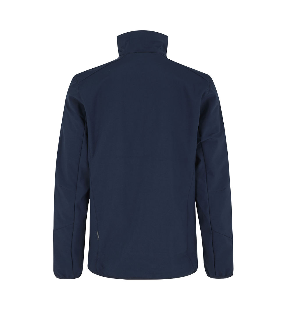 Miniaturebillede: ID Identity CORE softshelljakke i navy set forfra med høj krave og gennemgående lynlås.