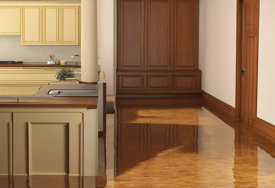 "Severe water damage in the kitchen caused by a main water line break, resulting in extensive flooding throughout the house."