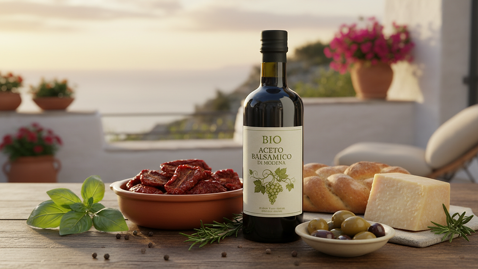 Nahaufnahme einer Flasche Bio Balsamico mit mediterranem Hintergrund