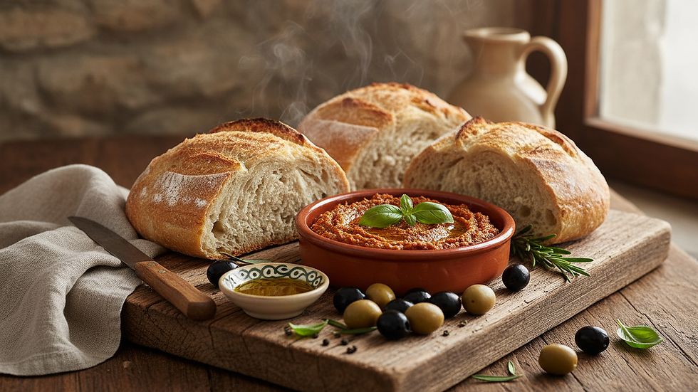 Eye-level view of a rustic wooden board with bread, a bowl of Tomaten-Oliven-Paté and olives
