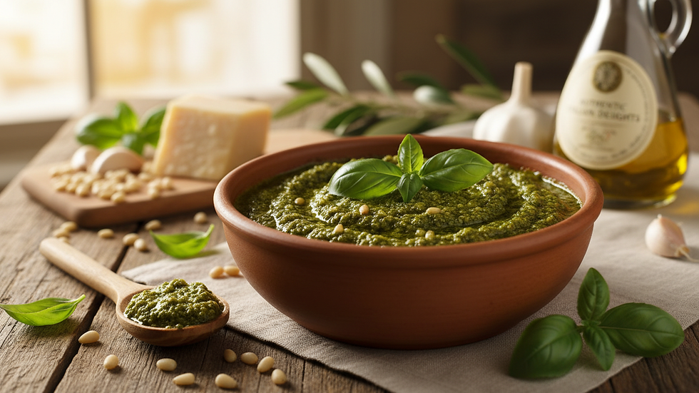 Nahaufnahme von grünem Pesto in einer Schale mit frischem Basilikum