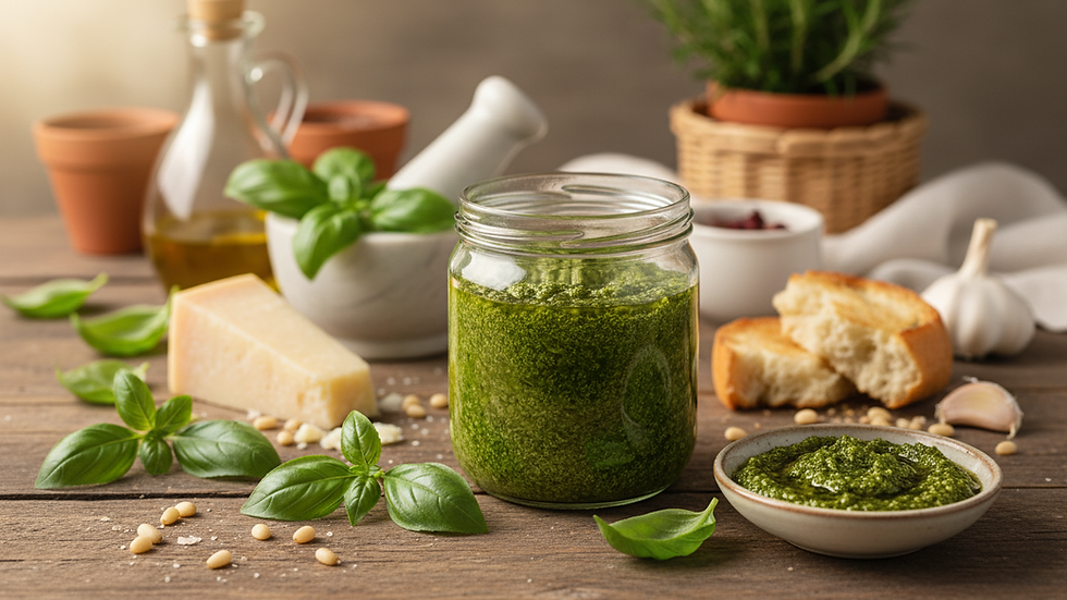 Nahaufnahme eines Glases mit grünem Basilikumpesto auf einem Holztisch