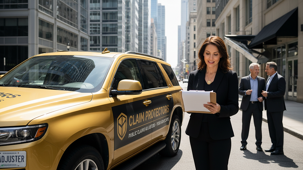 Eye-level view of a public adjuster reviewing property damage documents