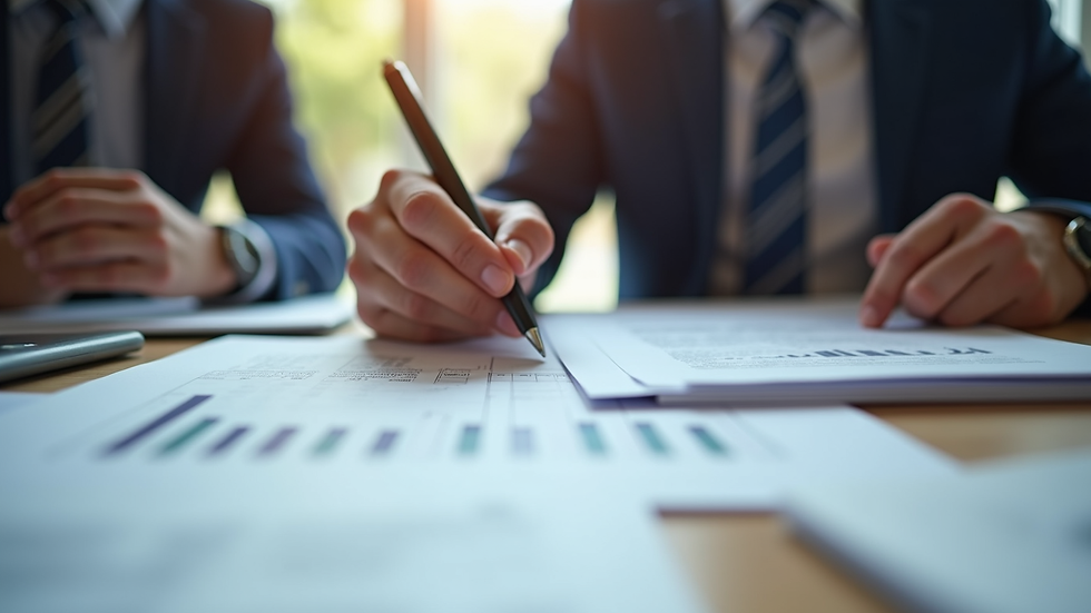 Close-up view of a public adjuster reviewing property damage documents