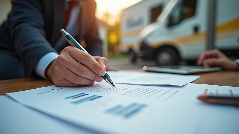 Close-up view of a public adjuster reviewing insurance documents at a desk