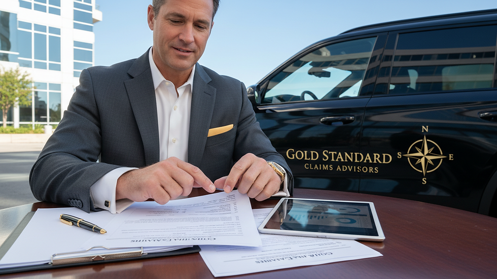 Close-up view of a public adjuster reviewing insurance documents