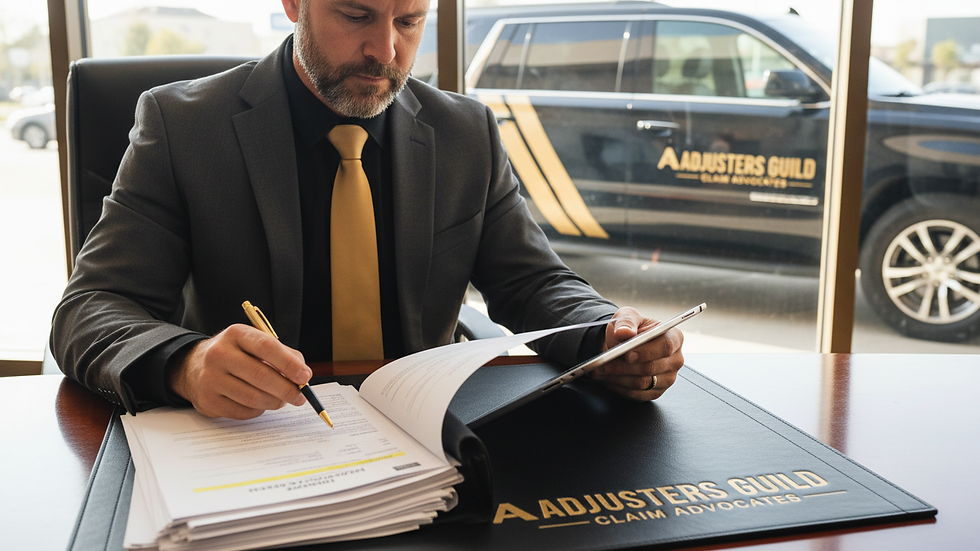 Close-up view of a public adjuster reviewing insurance documents at a desk