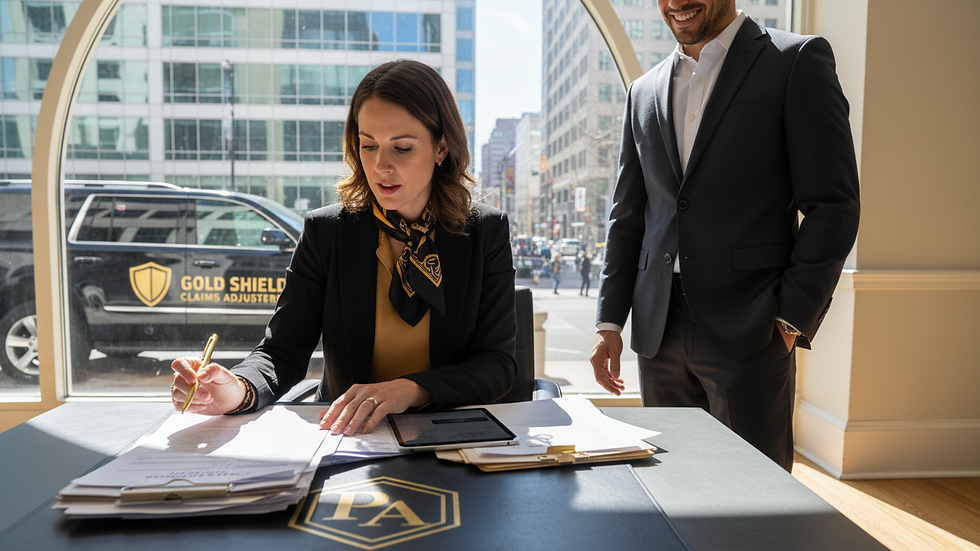 Close-up view of a public adjuster reviewing insurance documents on a desk