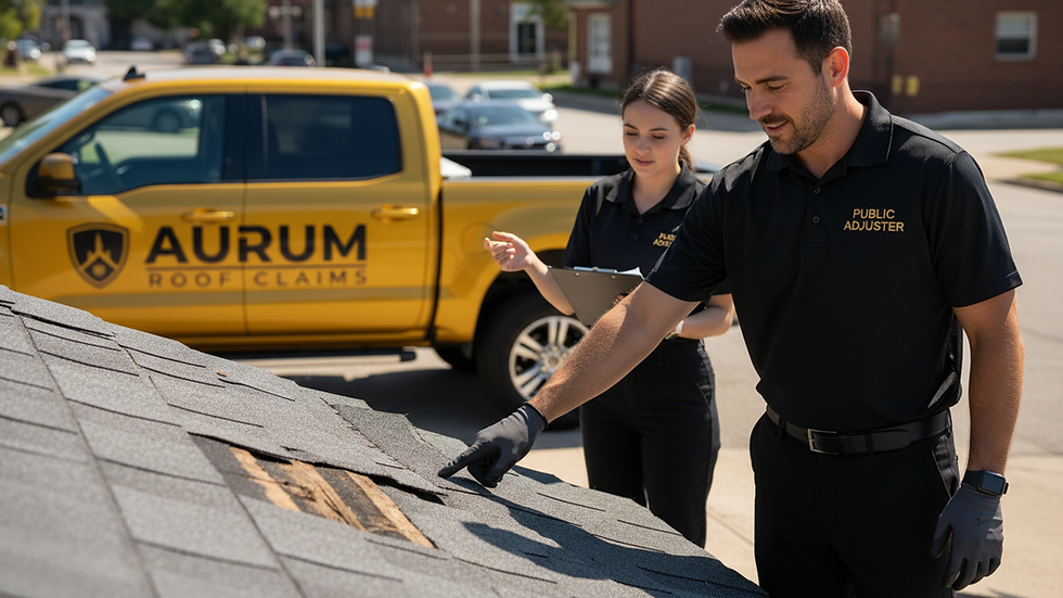 Close-up view of a public adjuster inspecting roof damage