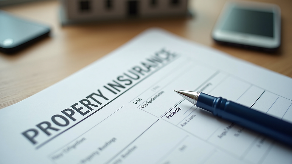 Eye-level view of a property insurance document with a pen on top
